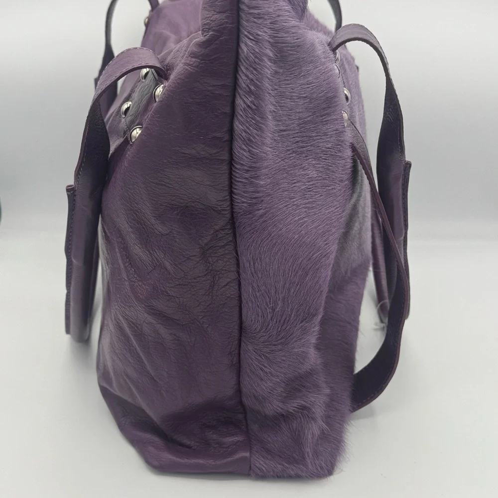 Innue Made in Italy Genuine Leather Calf Hair Plum Purple Tote Bag - Picture 5 of 9